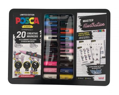 POSCA Limited Edition Illustration Pack - 20 pens/markers with Guide sheets - 3 posca nib sizes